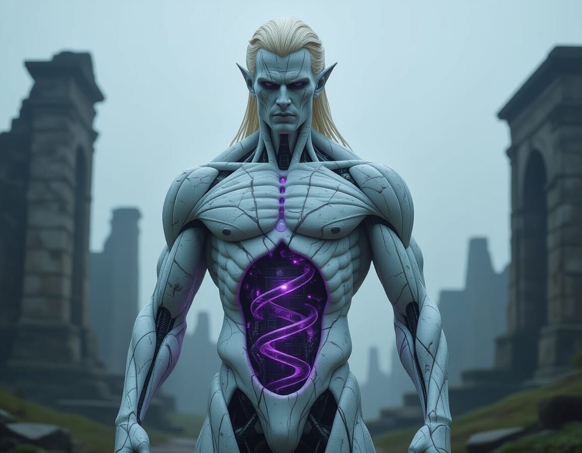 Nordic Alien Marble Sculpture with Quantum Network