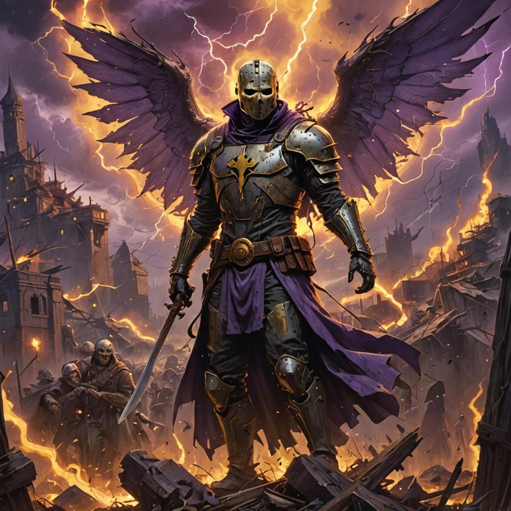 Jason Voorhees in Stormy Battlefield, Dark Fantasy Art