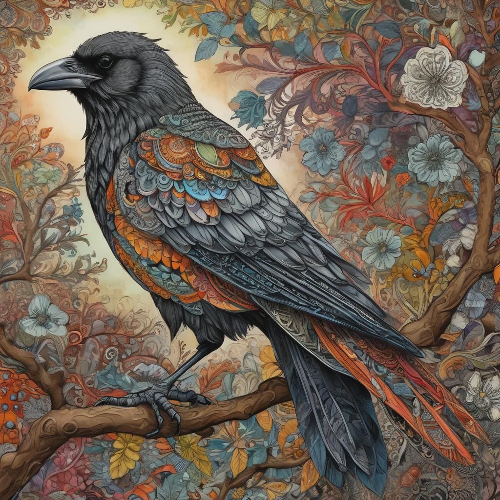 Colorful Crow on Branch with Zentangle Background