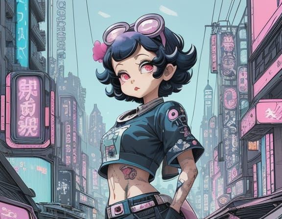 Betty Boop, dirty, dusty, rusty, broken, ragged,.  Mature, curvy and lithe-bodied ."Create an illustration that blends t...