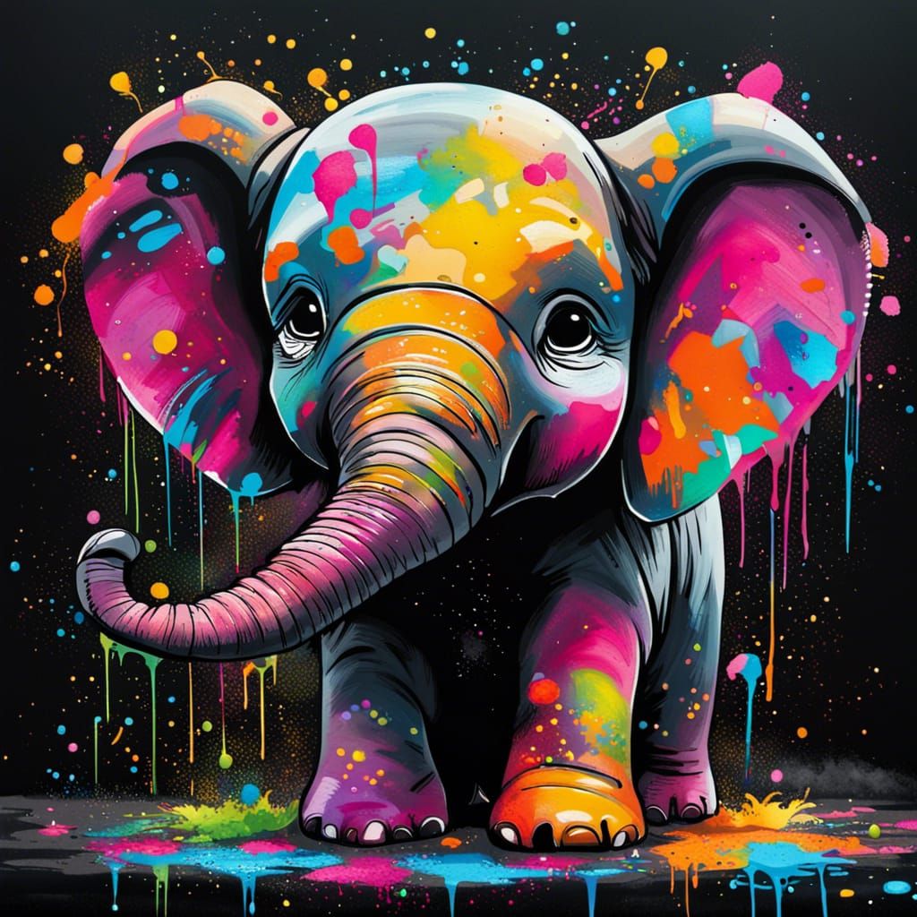 Happy Elephant Graffiti Art on Black Background