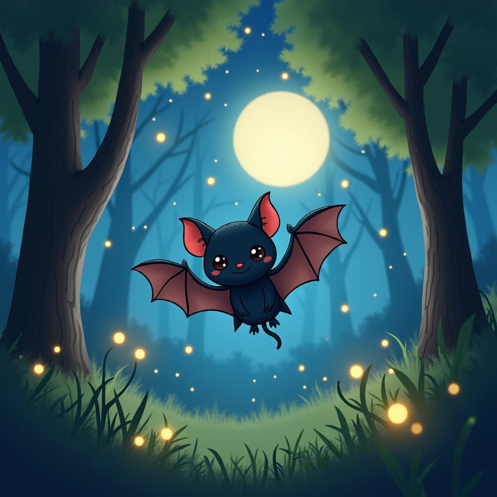 Chibi Bat's Night Flight in Dreamlike Forest