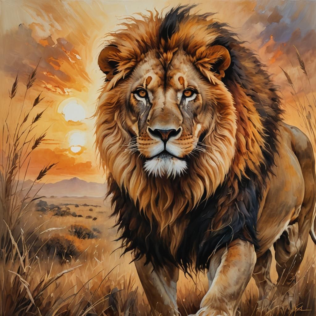 Majestic Lion Radiating Confidence as Oil Painting