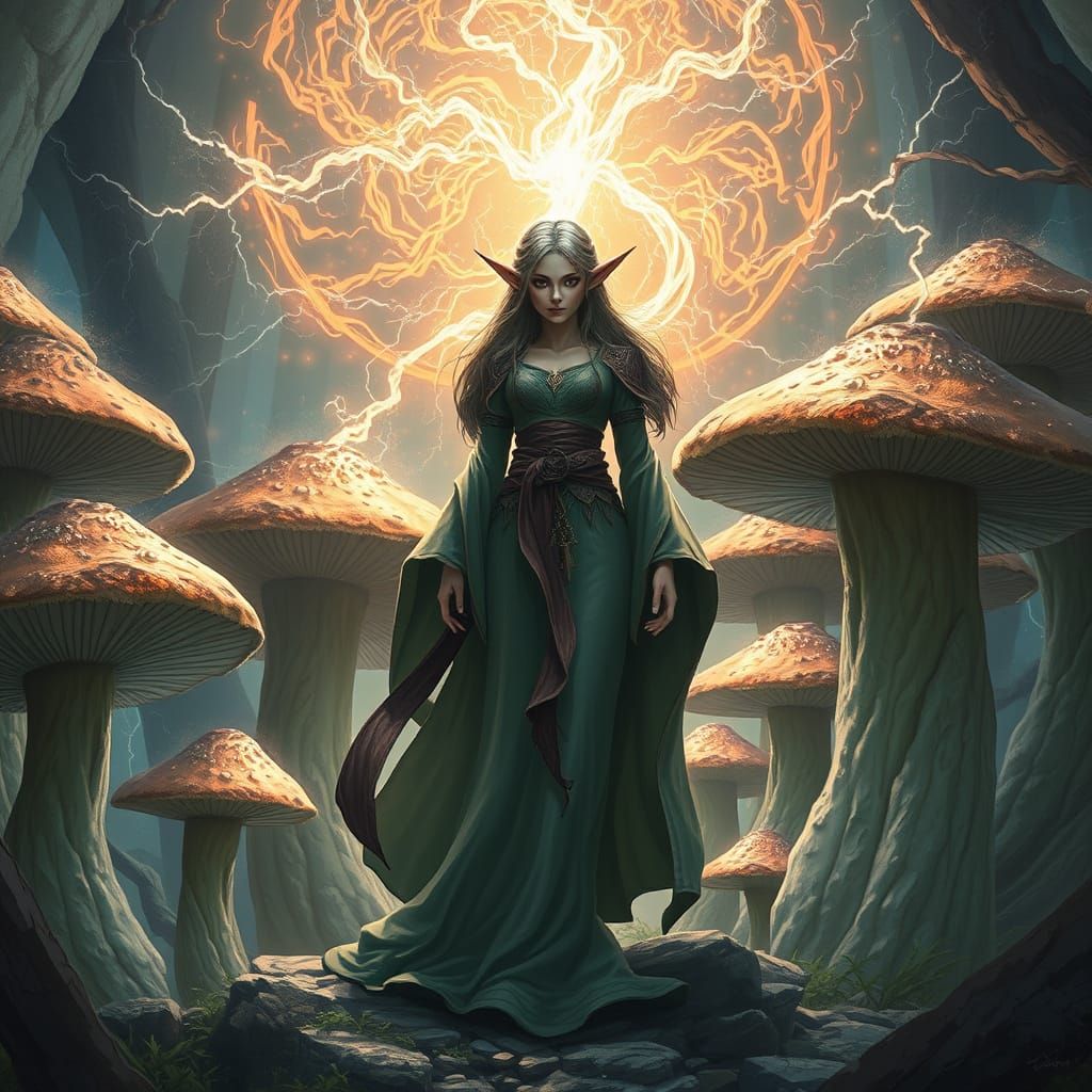 Elven Sorceress in a Circle of Arcane Mushrooms