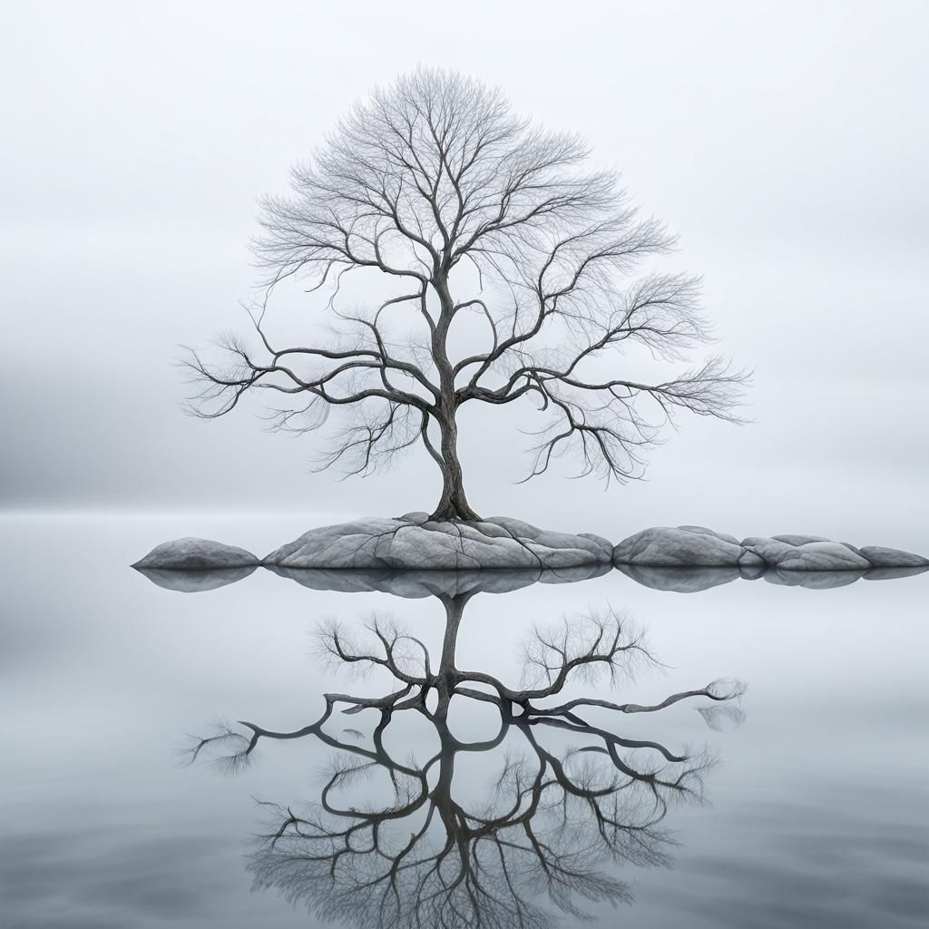 Minimalist Landscape: Bare Tree in Misty Waters
