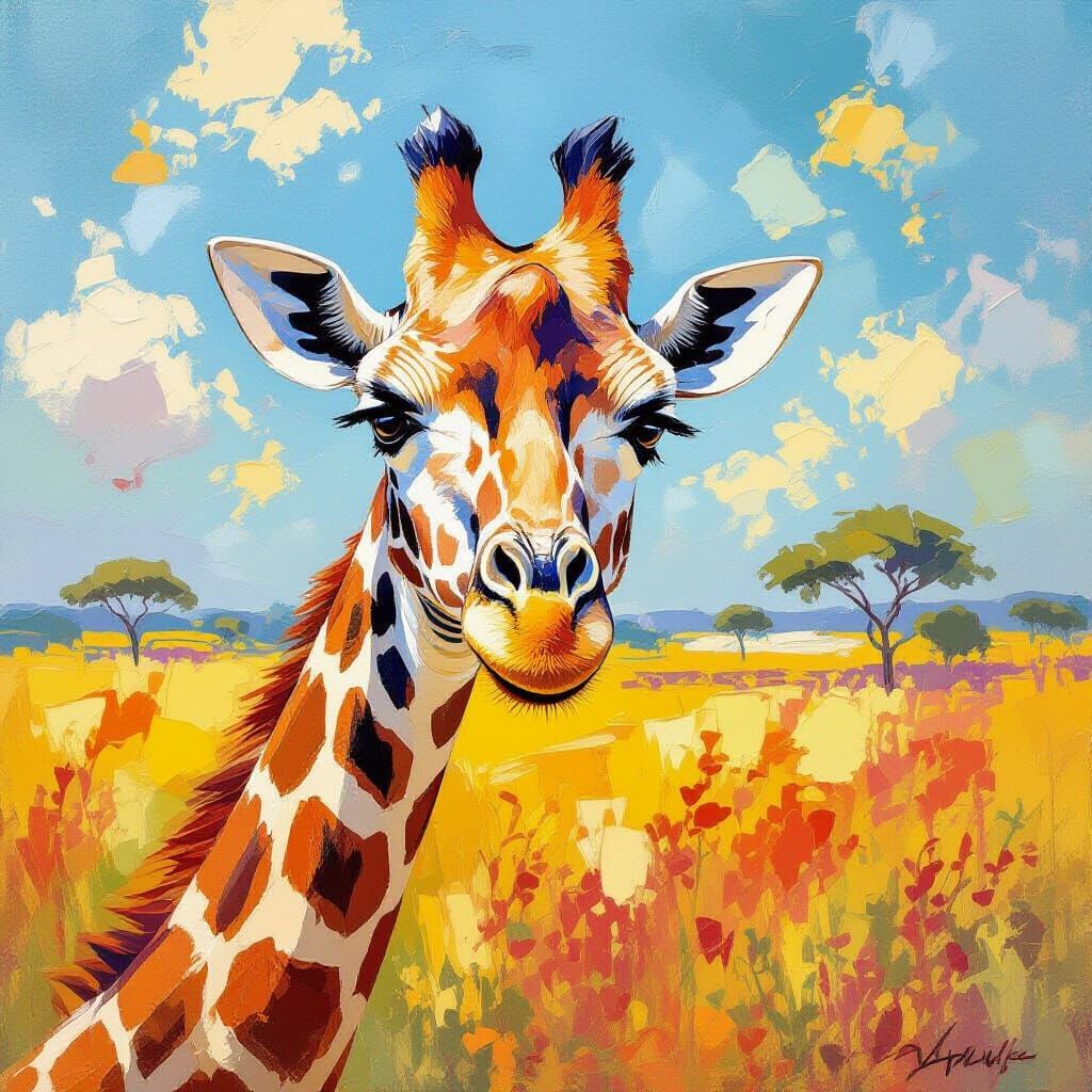 Vibrant Giraffe on a Sunny Day in Impressionist Style