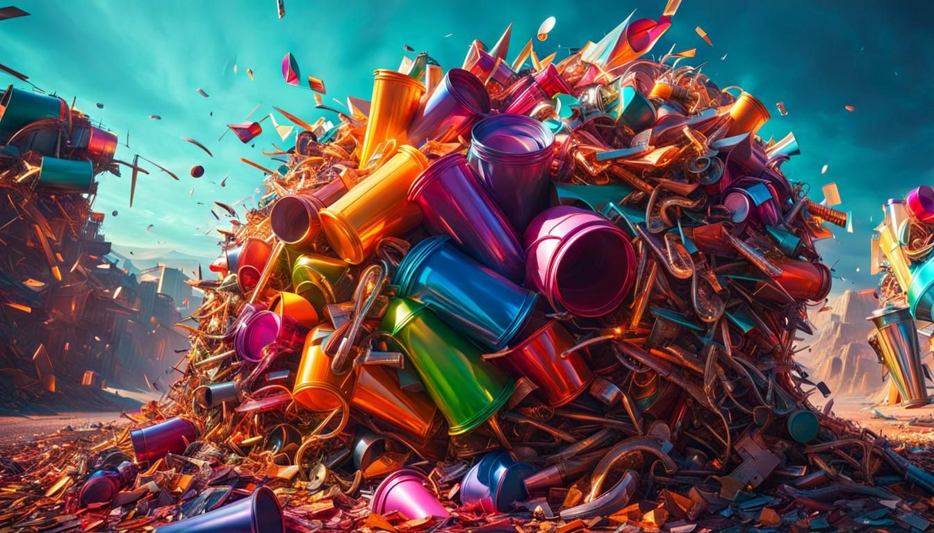 Abstract Surrealist Trash Sculpture in Vibrant Colors