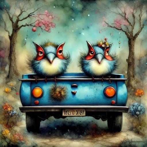 Cute Fantasy Birds in a Toy Pickup