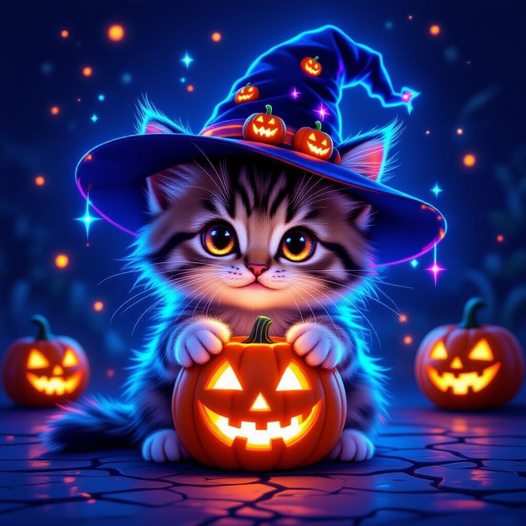 Cute Fluffy Kitten With Neon Accents and Jack-o'-lantern