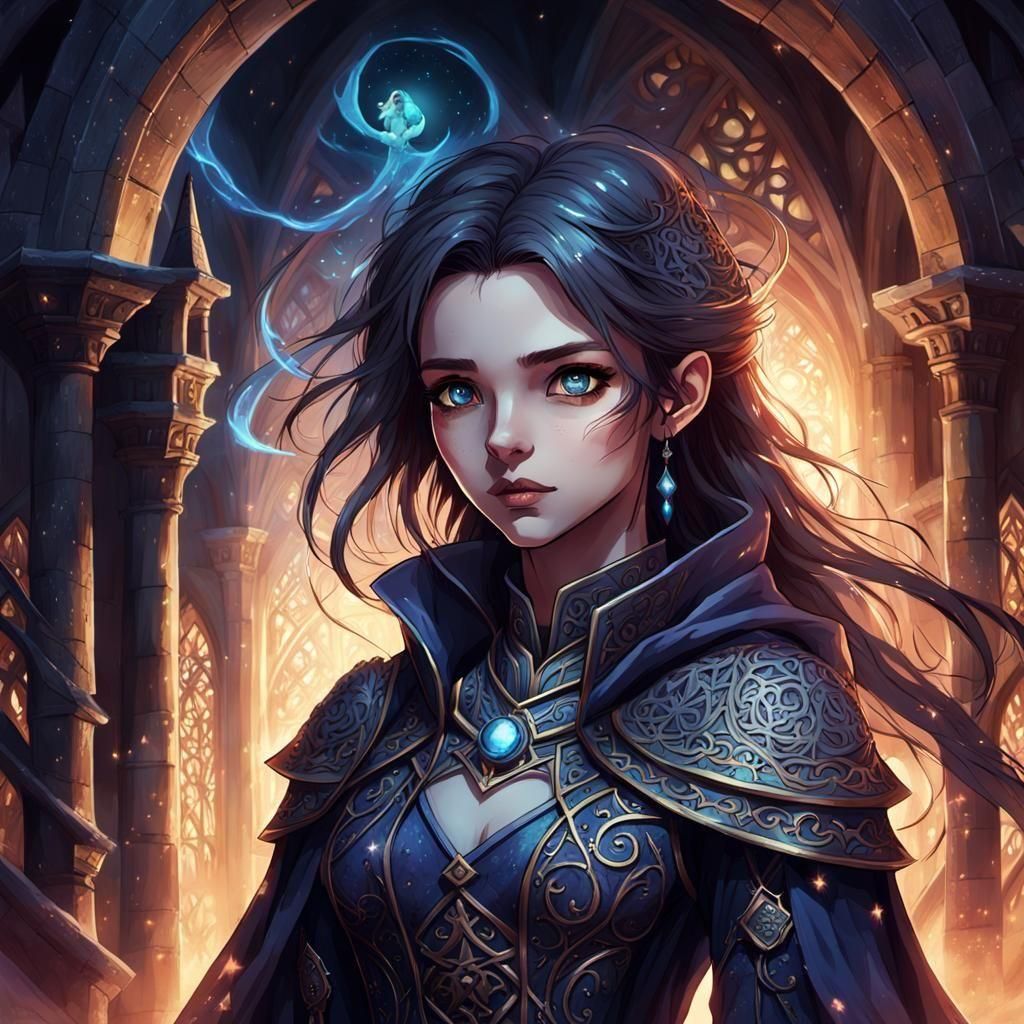 Anime Sorceress in Medieval Tower: Digital Painting