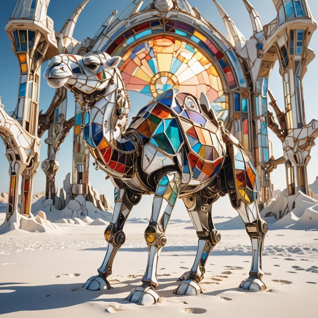 Biomechanical Stained Glass Camel in Sci-Fi Desert