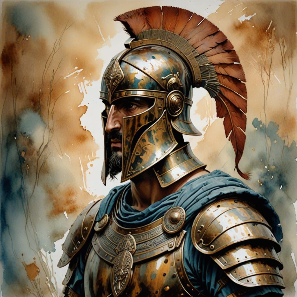 Evocative Portrait of Ancient Greek Soldier as Watercolor