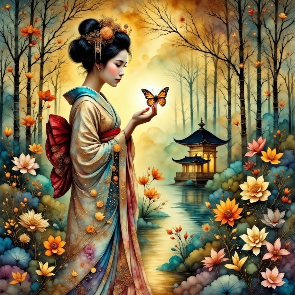 Geisha Fairy in Bamboo Forest, Watercolor Style