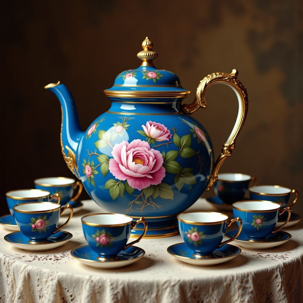 Azure Sèvres Teapot and Cups with Rose on Lace Table