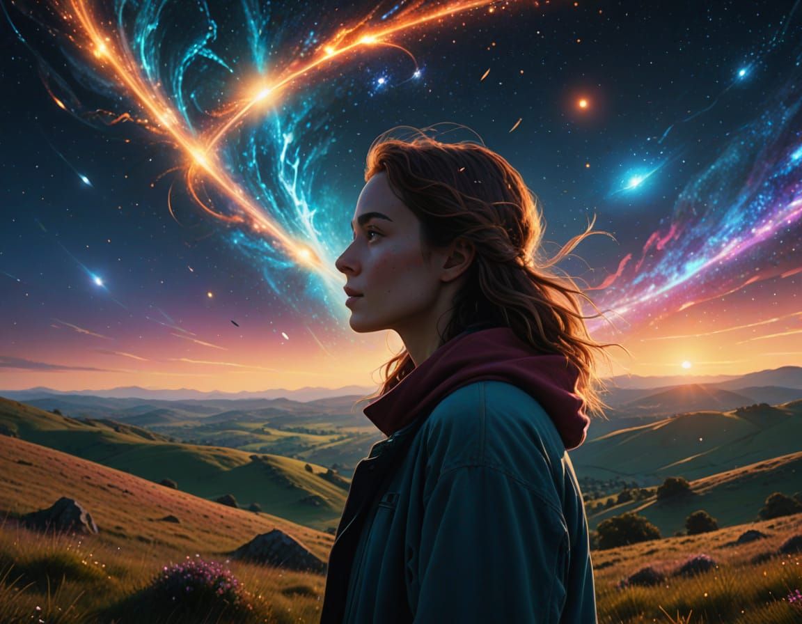 Woman Gazing at Cosmic Sky in Dreamy Concept Art
