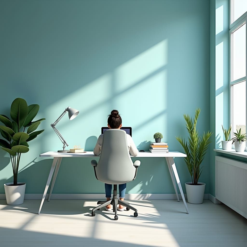 Tranquil Home Office for Remote Work, Detailed Matte Paintin...