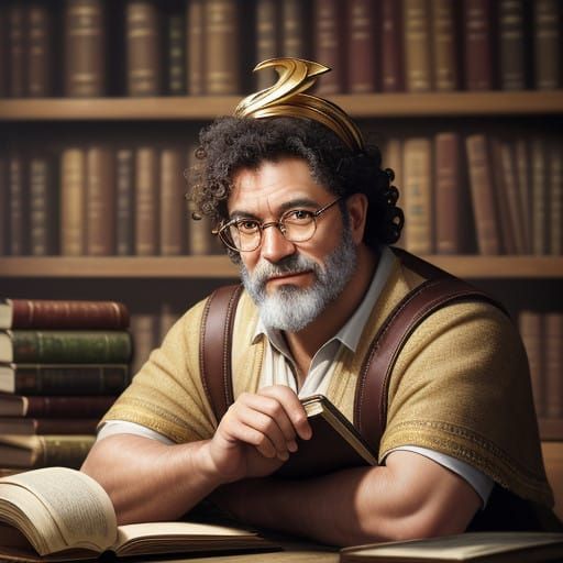 Chibi Zeus as a Gentle Librarian in a Cozy Ancient Library