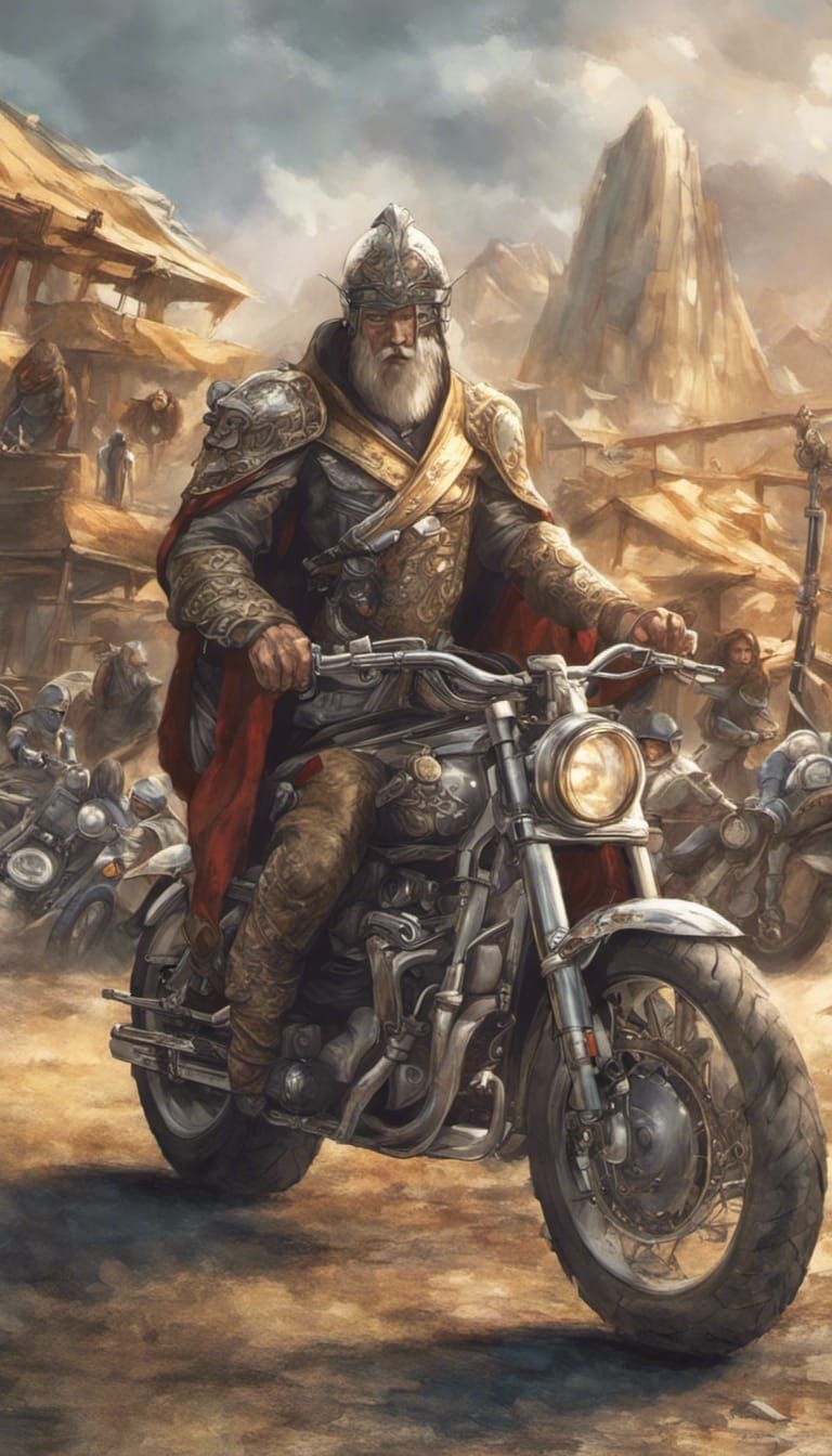 Middle-earth Emperor on Modern Motorcycle