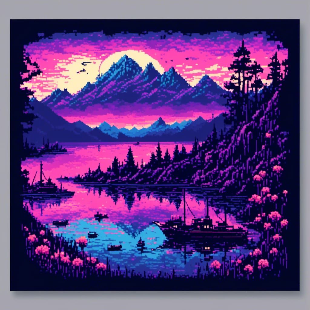 a stunning landscape with mountains, pixel art