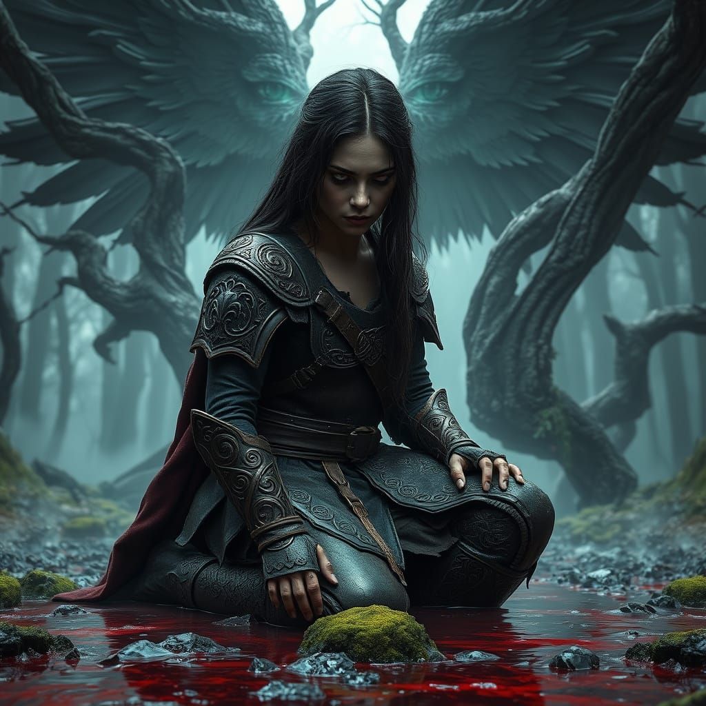 Weary Warrior in Celtic-Inspired Armor Before Ancient Tree A...