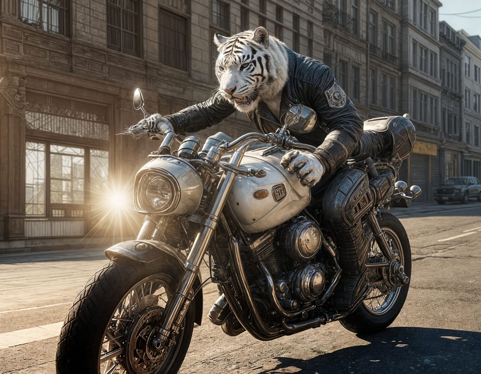 White Tiger on Motorcycle in Cinematic 3D