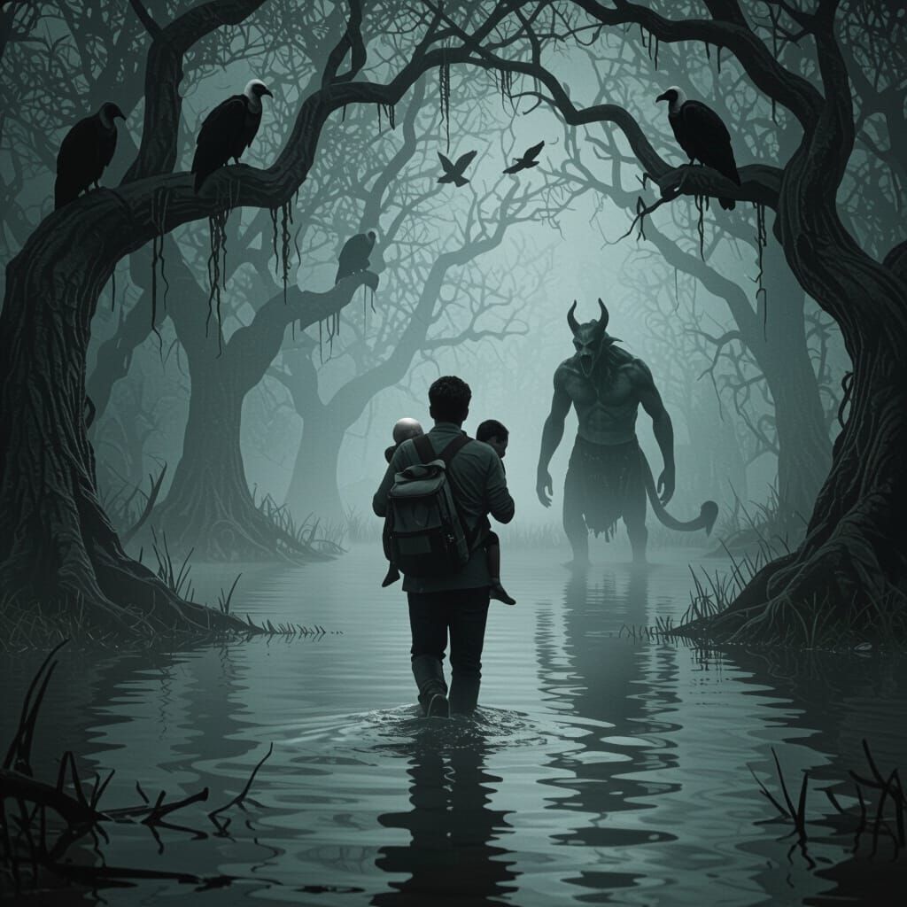 Man and Child Traverse Gloomy Swamp