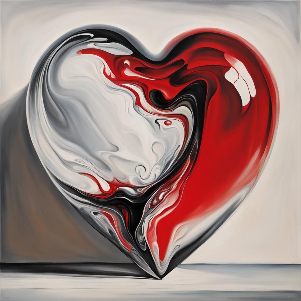 Surreal Melting Glass Heart in Red, Black and White