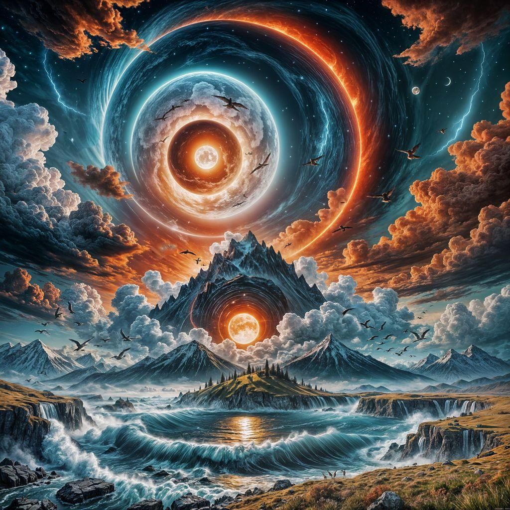 Surreal Yin Yang Landscape with Blazing Sun