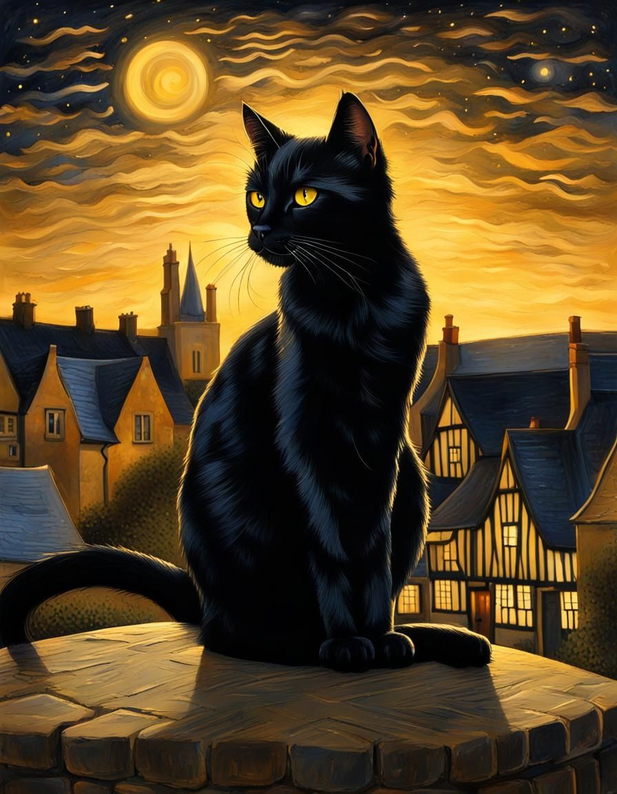 Black Cat in Golden Light Over English Village