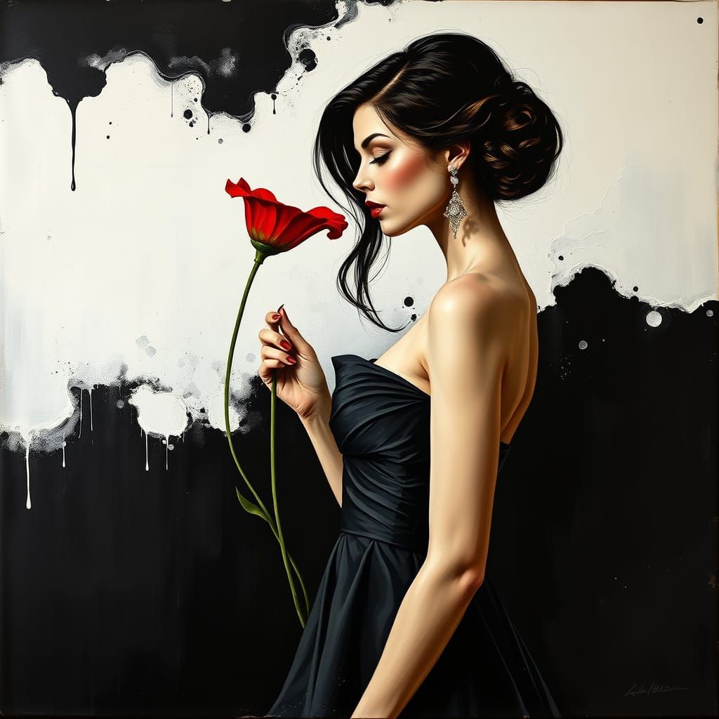 Surreal Noir Woman in Elegant Gown with Melting Oil Effects