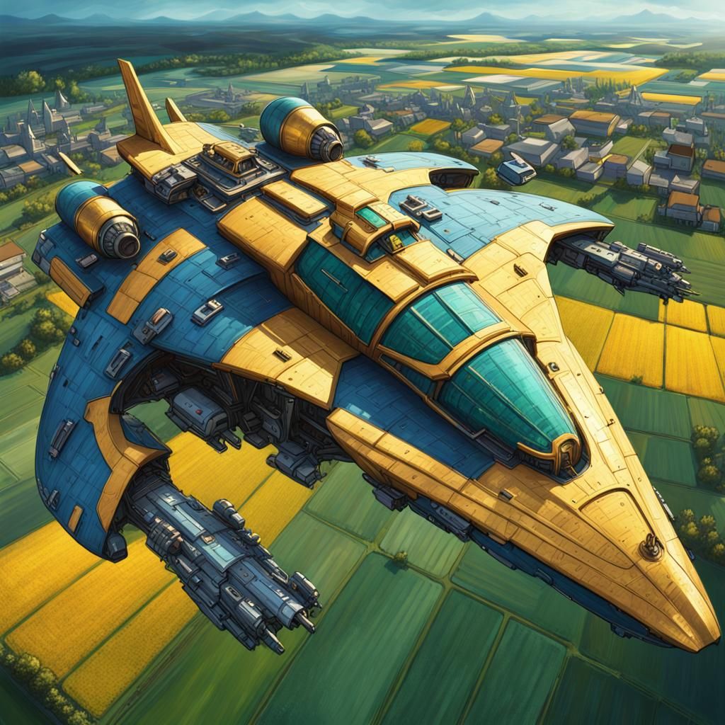 Battered Space Cruiser Over Farm Town: Hyperrealistic Art