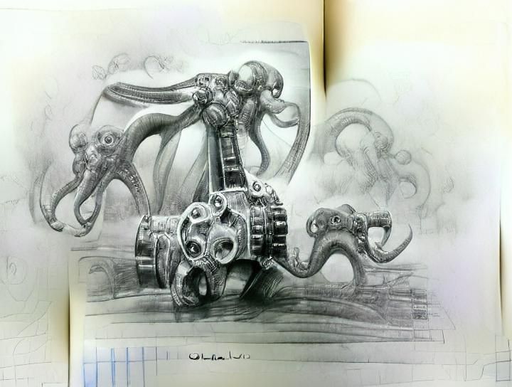 Mechanical Octopus: Detailed Pencil Sketch Study