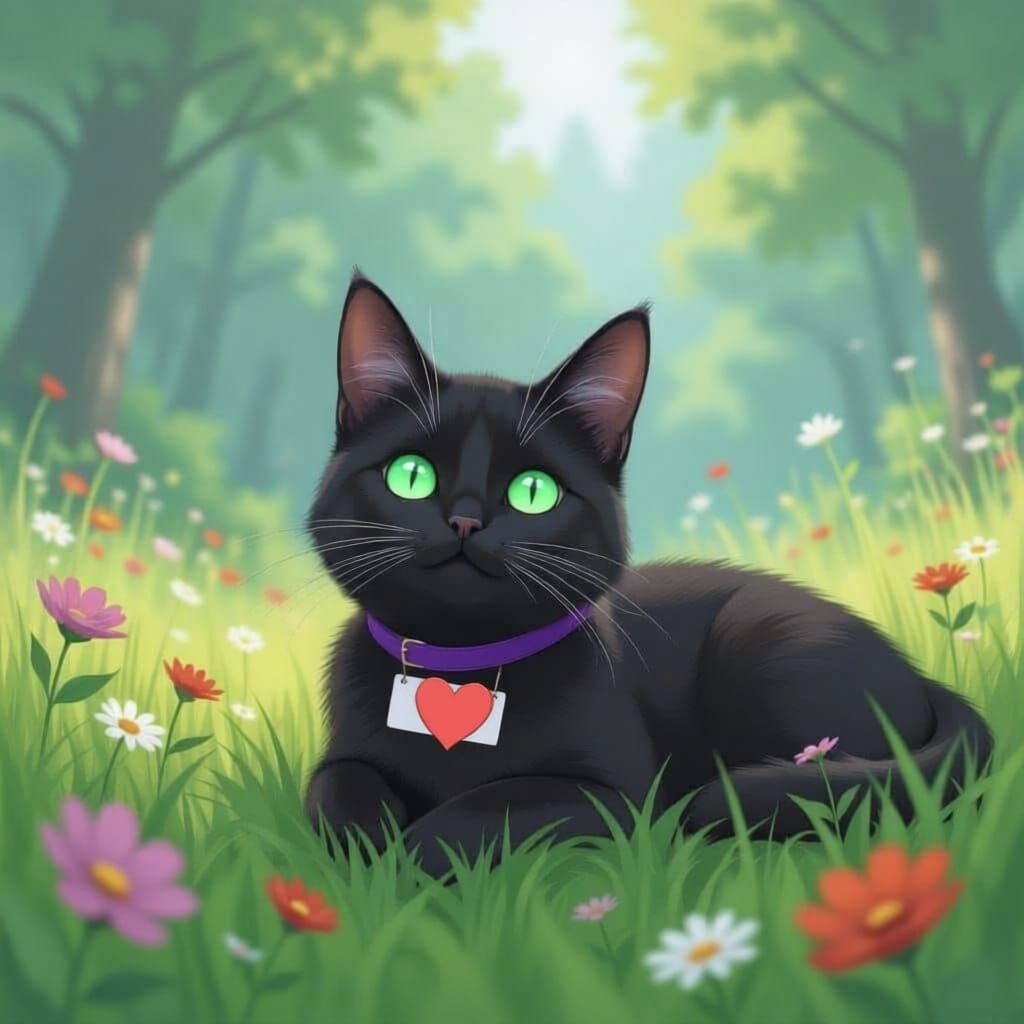 Black Cat in Meadow, Anime Style, Luminist Background