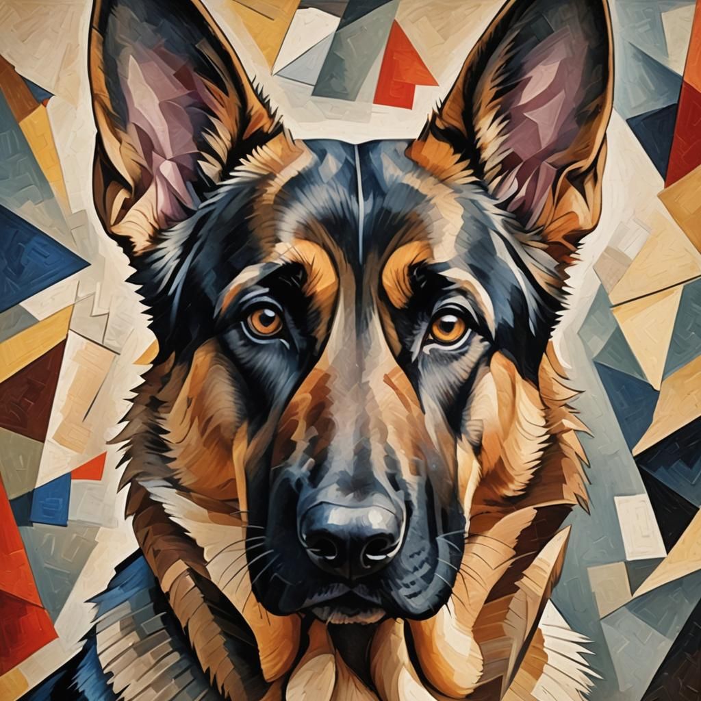 German Shepherd Portrait in Abstract Cubism Style