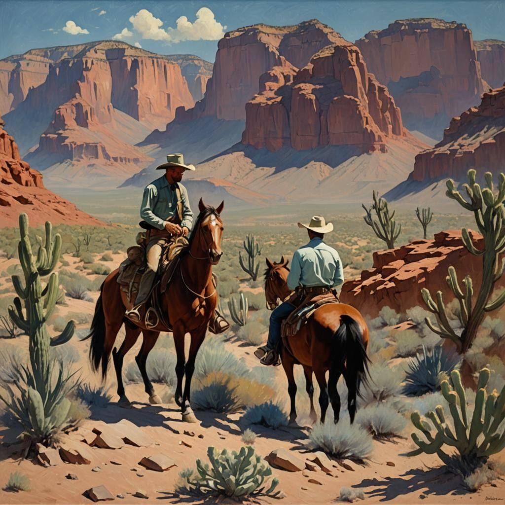 Art by Frederic Remington, dramatic desert canyon, MM couple...