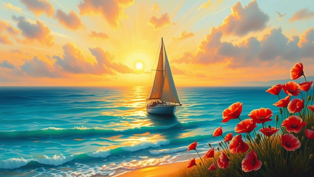 Sunset Sailboat on Turquoise Sea as Oil Painting