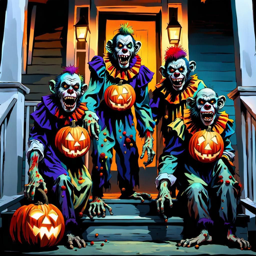 Zombie Clown Monkeys Trick-or-Treating: Horror Painting
