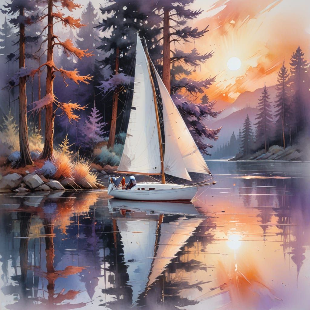 Sunset Sailboat on Alpine Lake as Impressionistic Oil Painti...