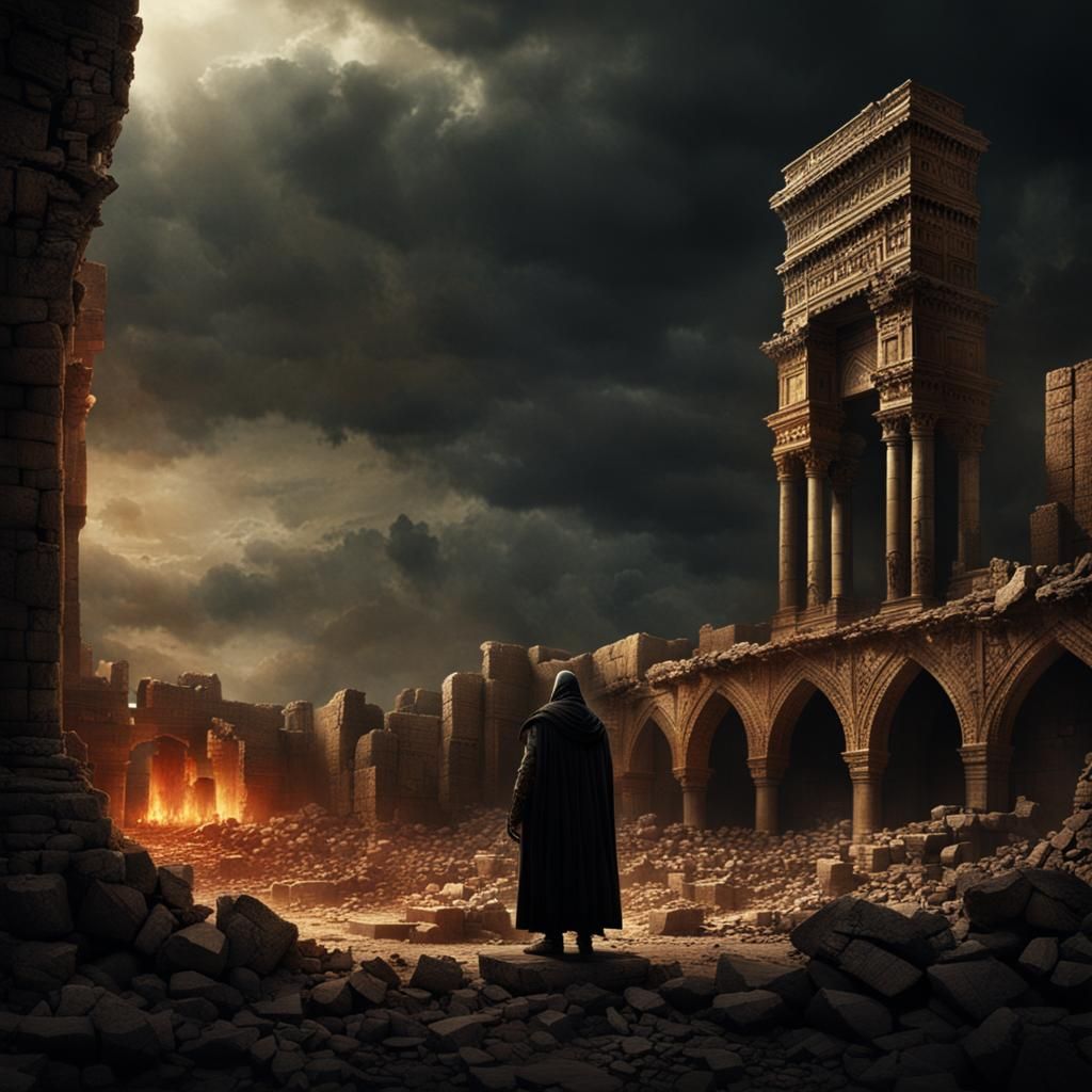 Mesopotamian Vampire Lurking in Ruined City, Horror Art
