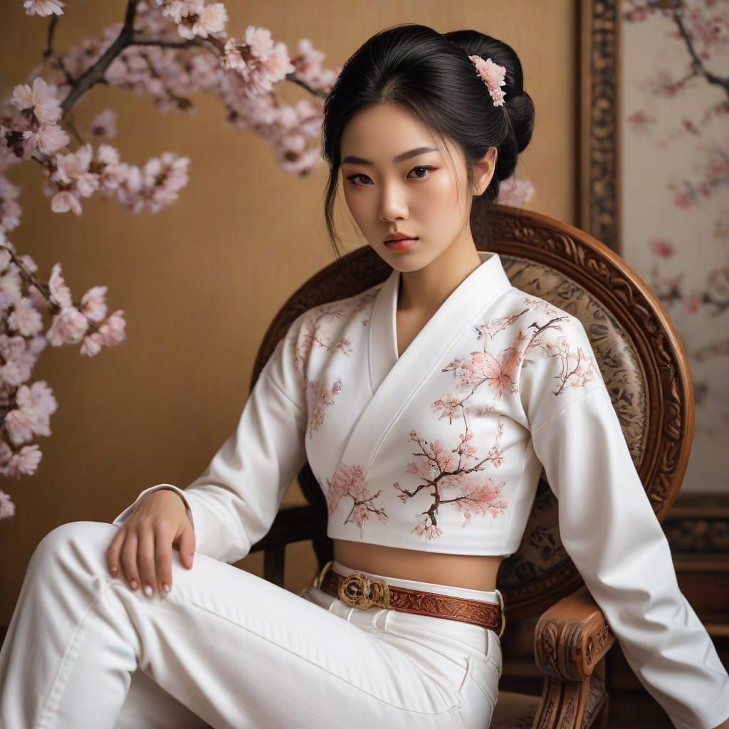 Japanese Geisha in Modern Attire, Vibrant Pastels