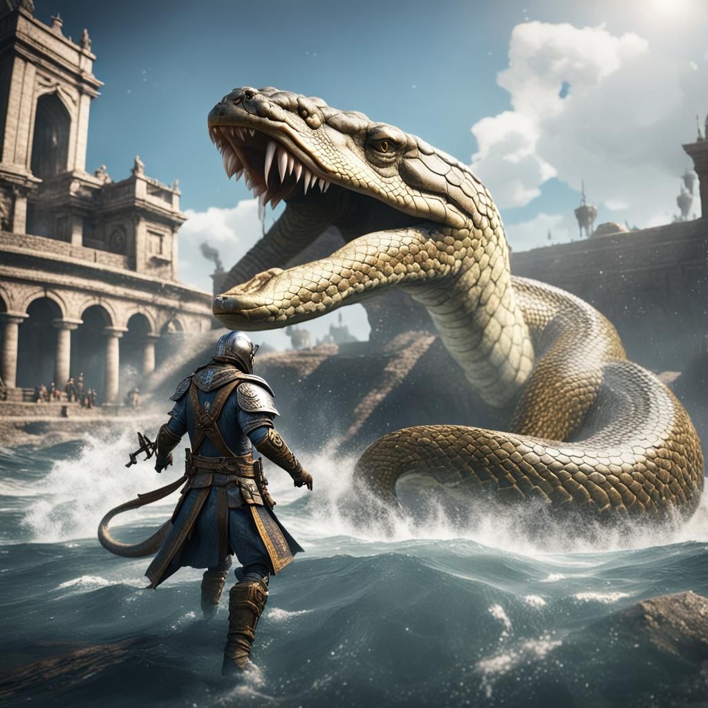 Warrior in White Armor Battles Sea Serpent