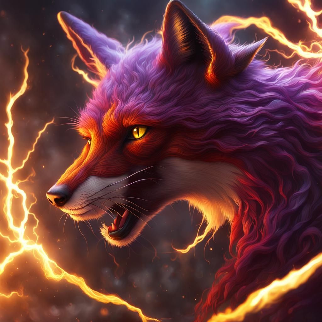 Fox Crimson Flare Lightning Magic in Dark Fantasy Style