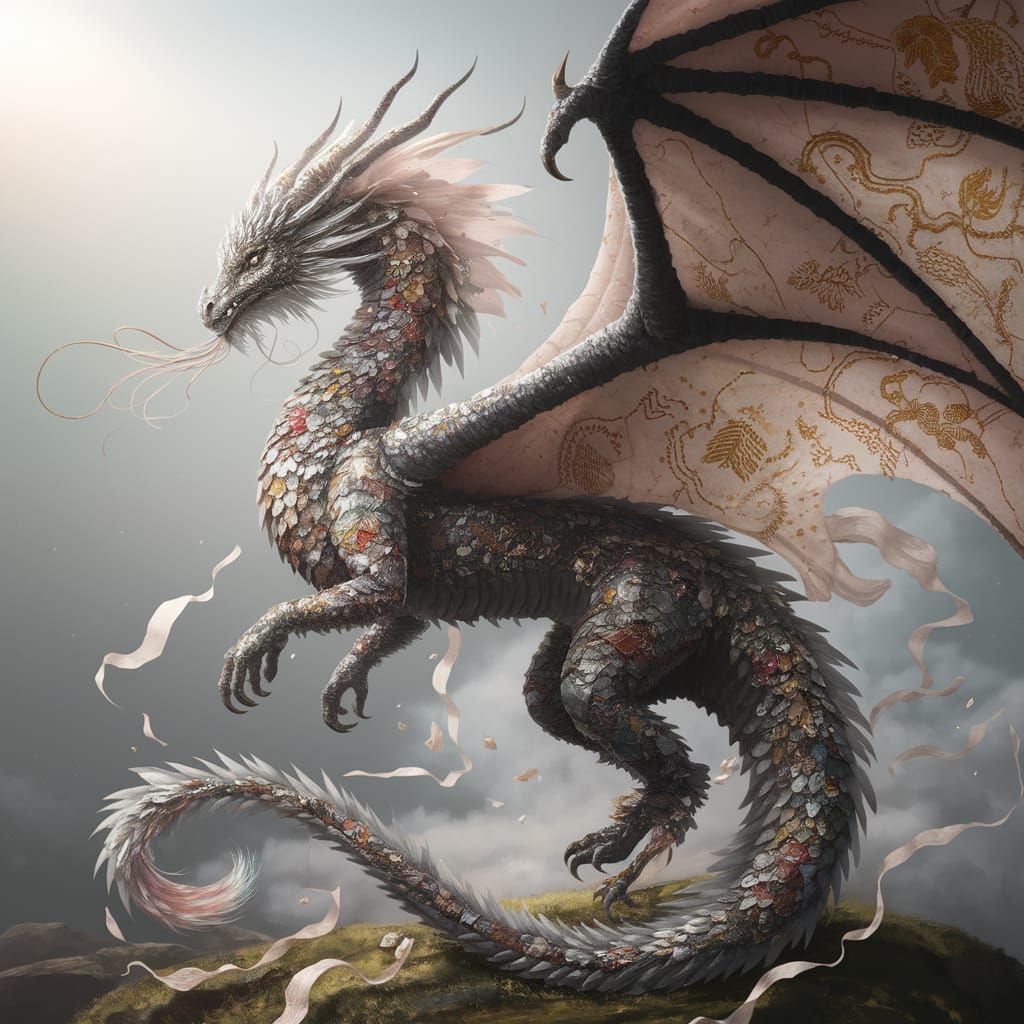 Surreal Fabric Dragon Soars Above Enchanted Landscape