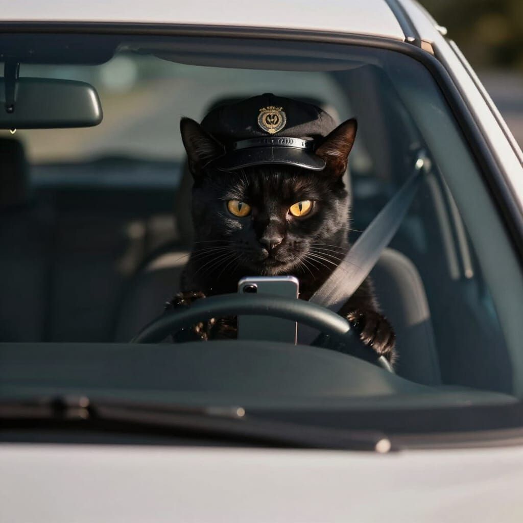 Hyperrealistic Cat Drives Car Watching Smartphone