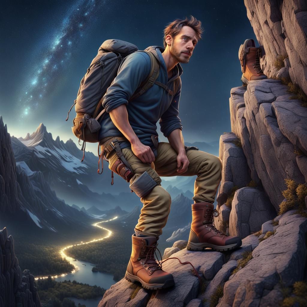 Hiker on Starry Peak: Detailed Matte Painting