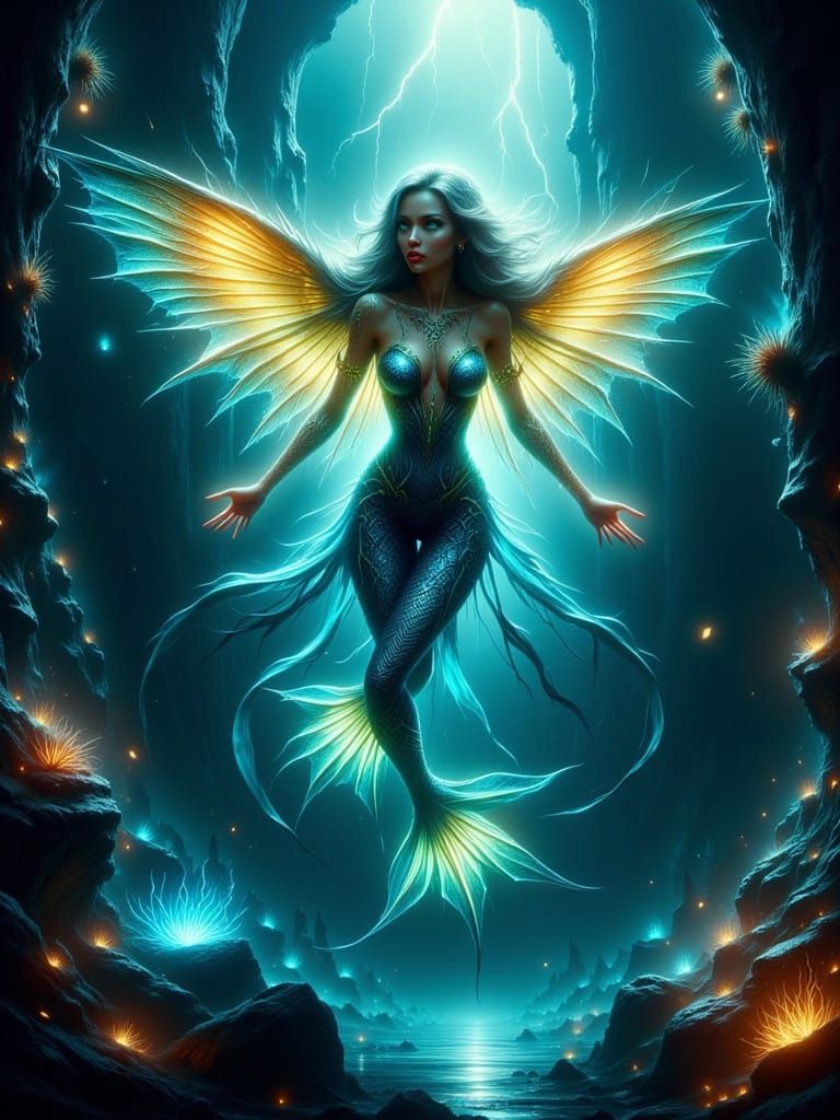 Female winged mermaid. Blue, green and yellow. Set 8n a deep ocean wonderland <lora:Glowing Flex Runes:1.0> <lora:Thrill...