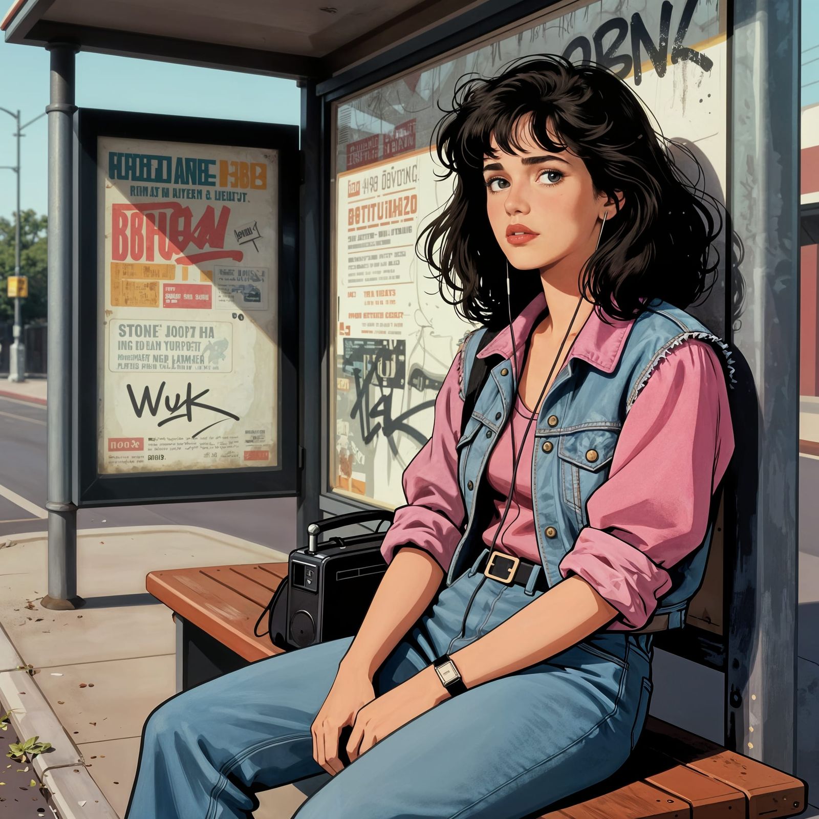 1980s Woman Bored at Bus Stop in Movie Poster Style