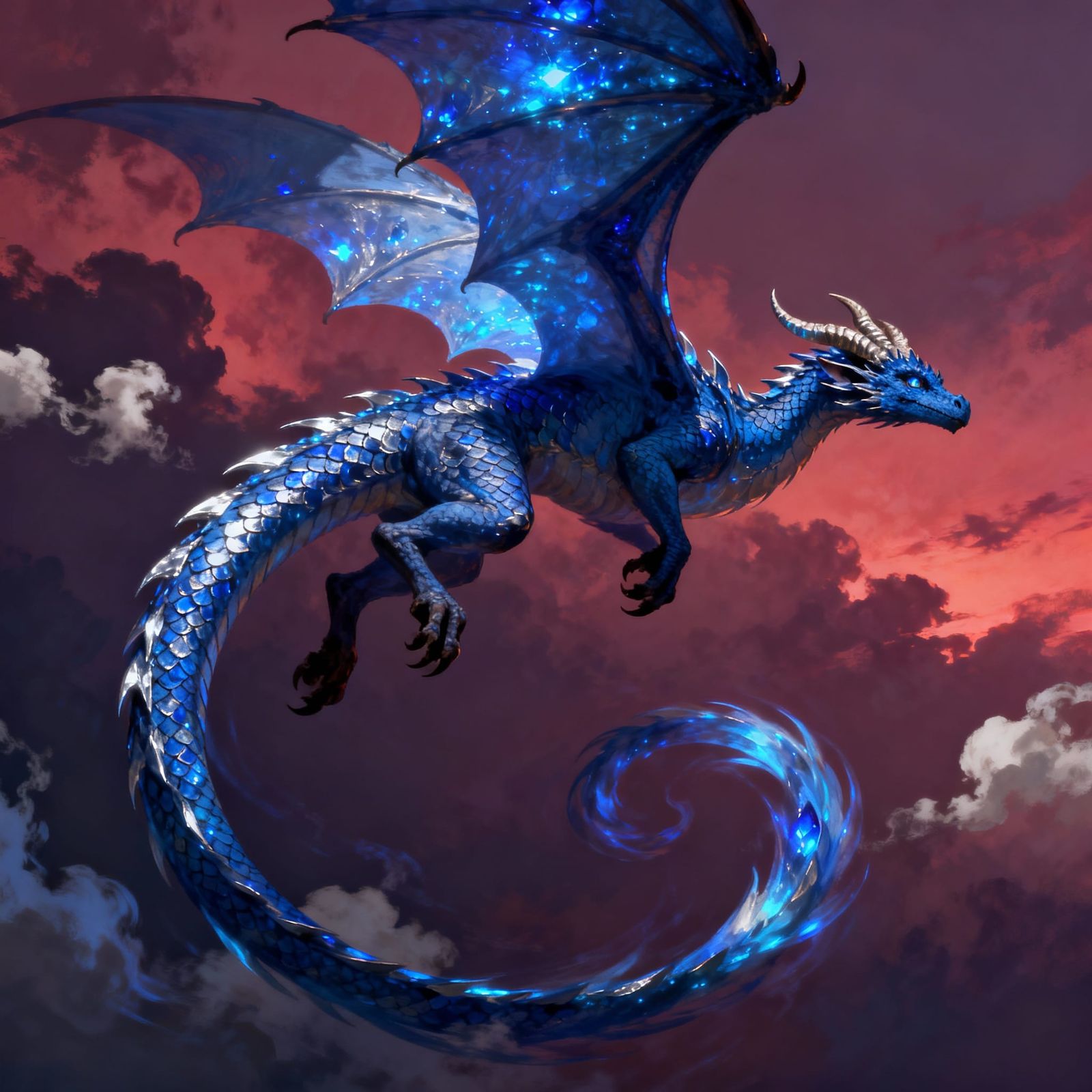 Blue Dragon Tattoo Design in Flight, Sapphire & Silver Scale...