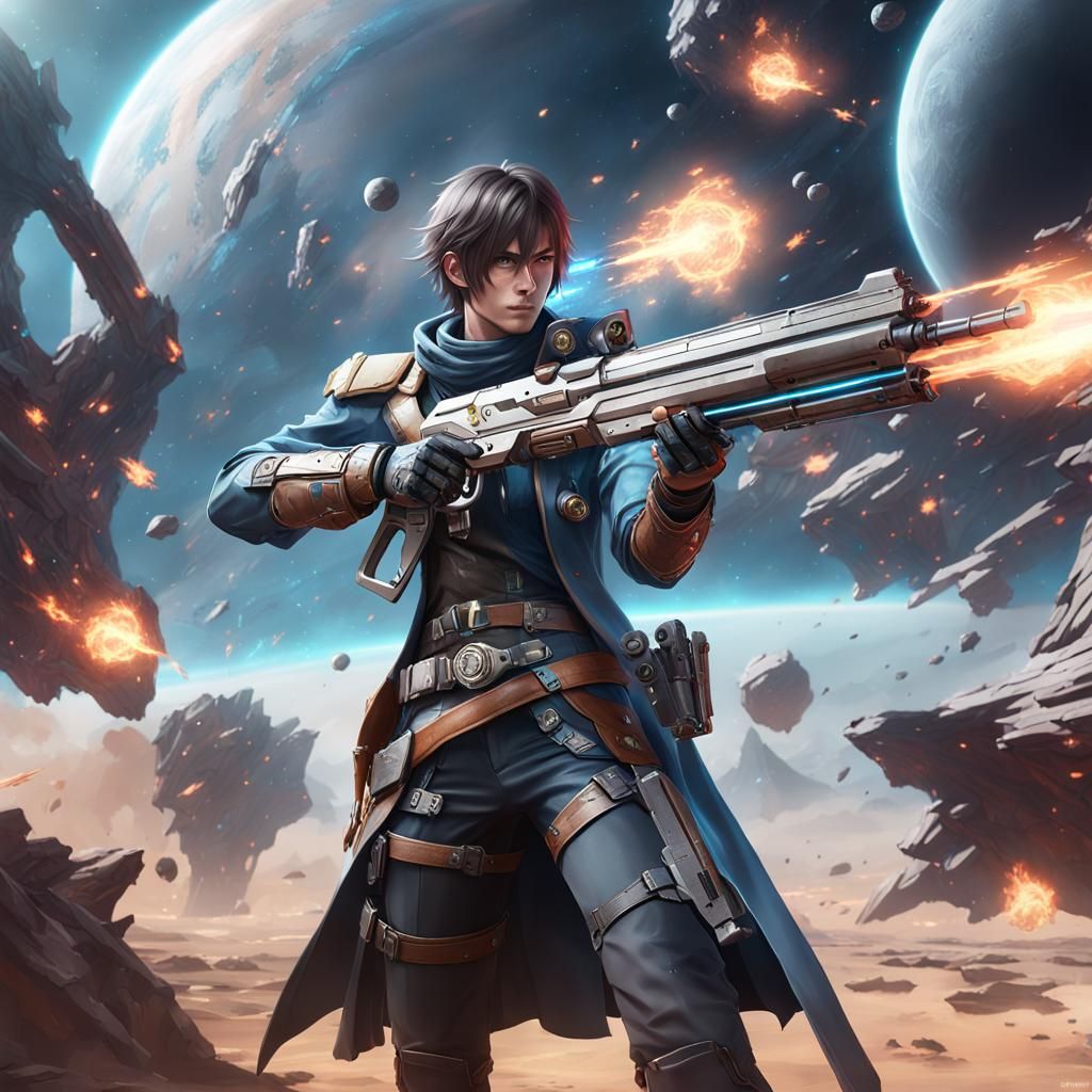 Sci-Fi Gunslinger in Space Battle: Photorealistic 3D Anime