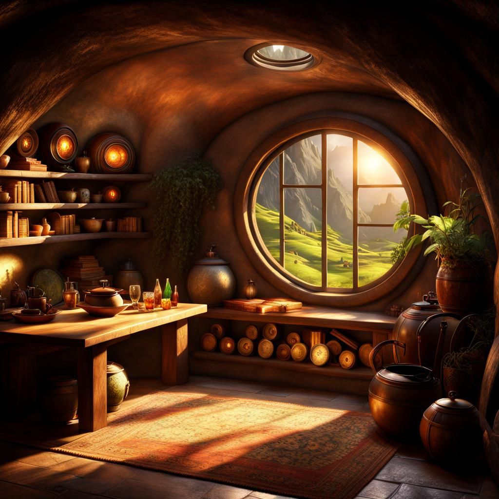 Cozy Hobbit Hole Interior with Sunlight
